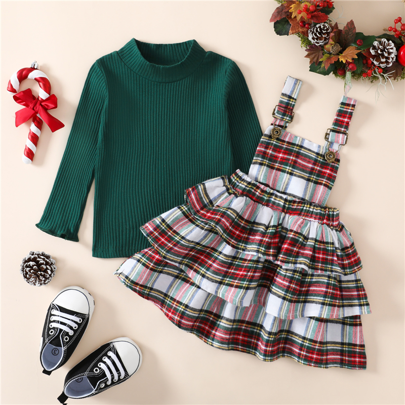 Clothing Sets Christmas Toddler Girls Clothes Sets Fall Winter Baby Kids Children Clothing Suits Warm Solid Sweater Plaid Suspender Dress 230303