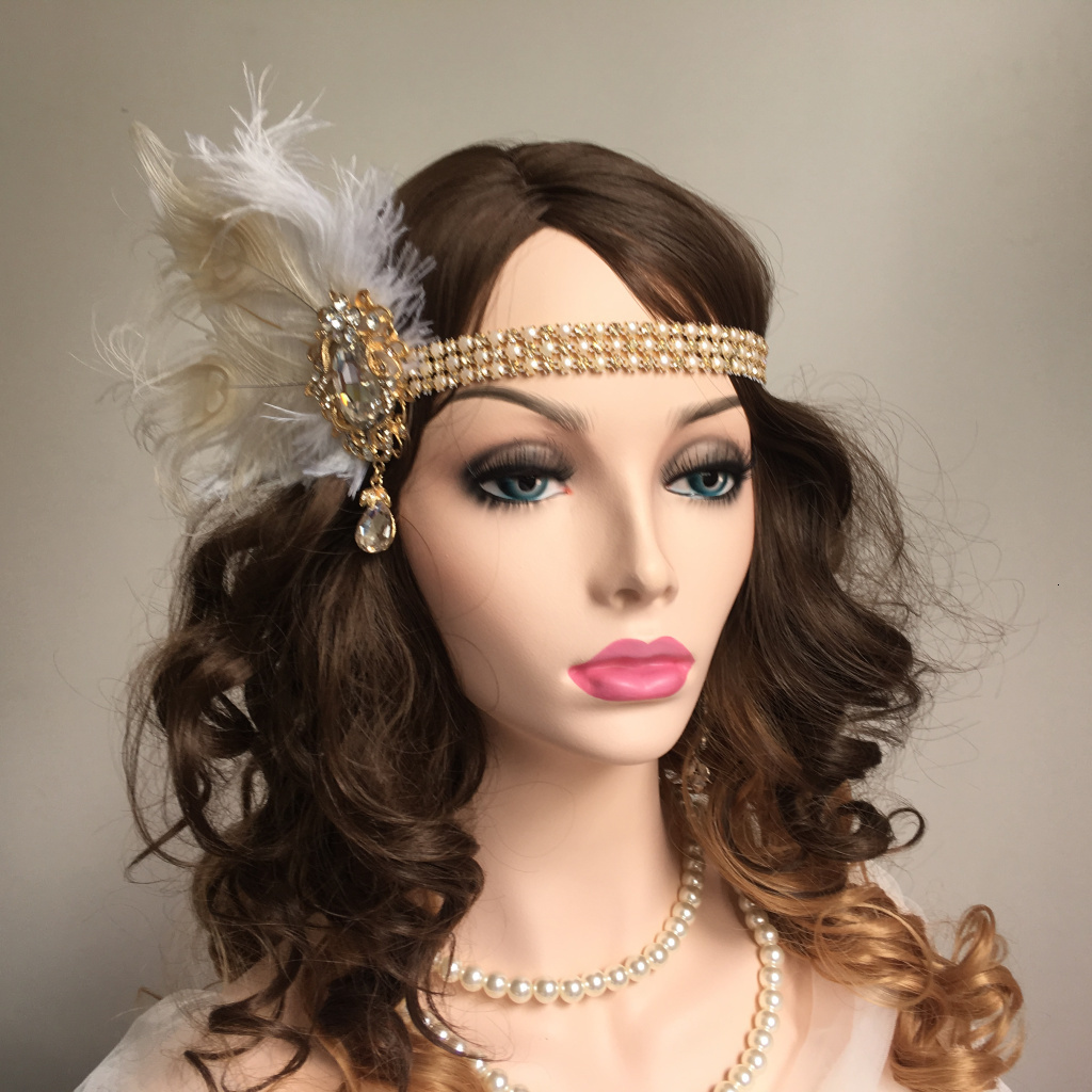 Headbands Women Vintage Feather Headband White Metal Chain 1920s Vintage Gatsby Party Headpiece For Party Carnival Accessories 230302