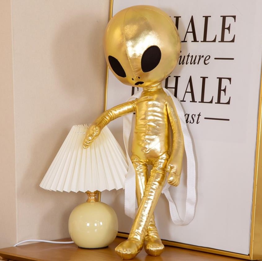 Cool Alien Backpack Holographic Rucksack Plush Stuffed Doll Toys Bag Party Favors for Kids Men Women Silver Gold 3D Pu Leather