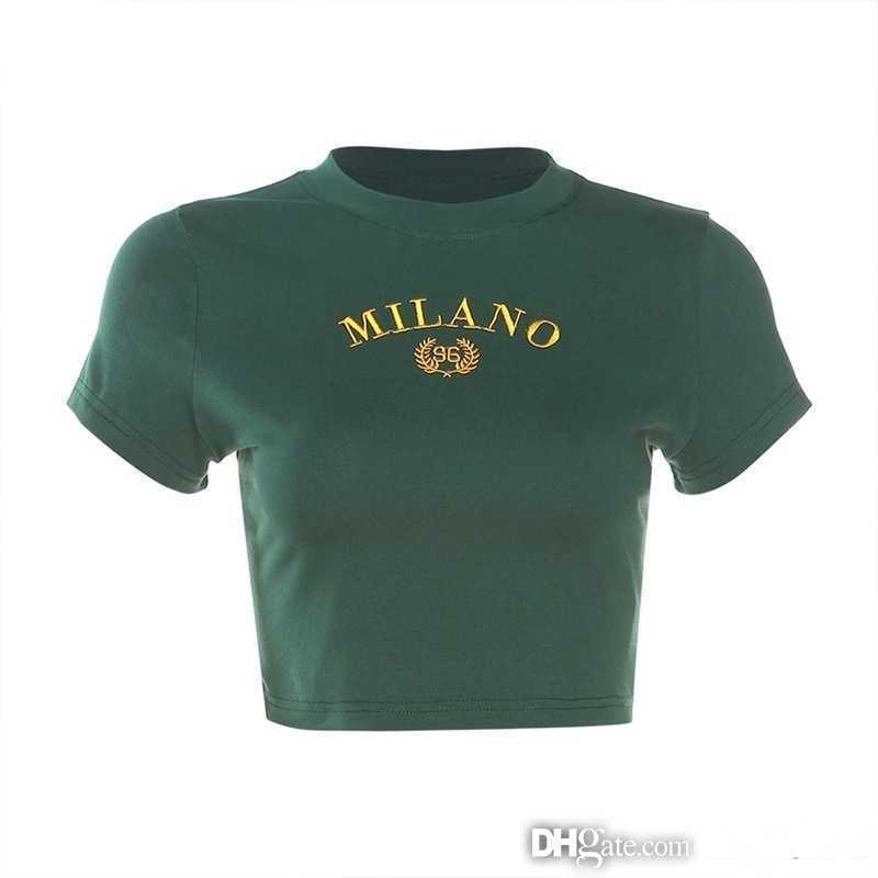 T Shirt Summer Girls Navel Exposed Short Sleeve Crop Tops Women Round Neck Embroidery Pullover Tee Shirt