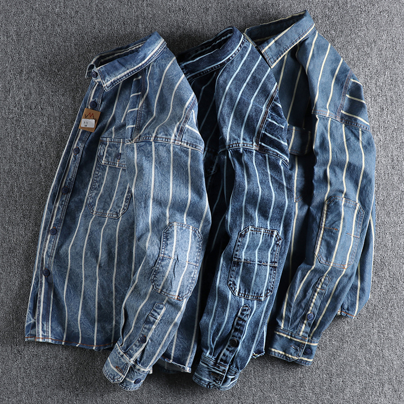 Mens Casual Shirts Autumn custom woven striped washed used denim shirt mens work style American retro trend youth 230303