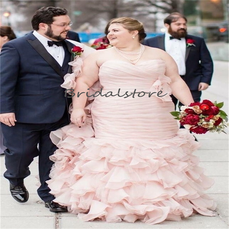 Big Size Pink Mermaid Wedding Dress 2023 Cascading Ruffles Bottom Plus Size Country Bridal Gowns Luxury Vestido De Noivas Women Pleat abito da sposa r