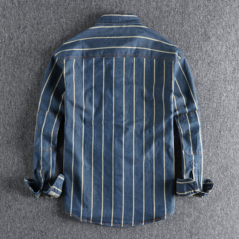 Mens Casual Shirts Autumn custom woven striped washed used denim shirt mens work style American retro trend youth 230303