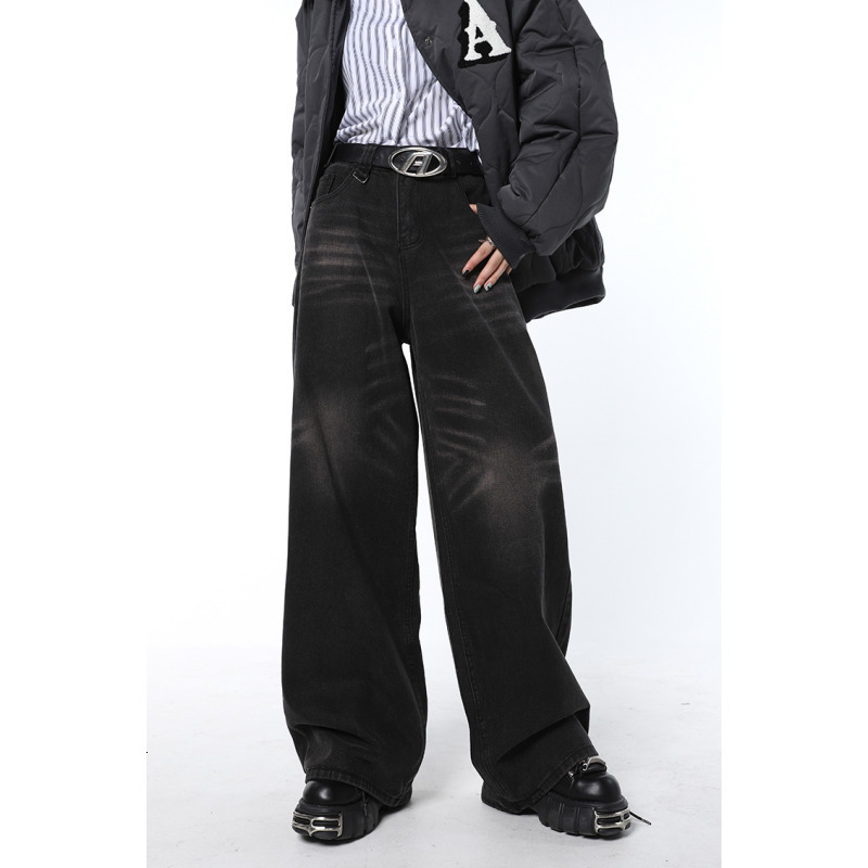 Women's Jeans Vintage Black High Waist Women Jeans American Fashion Streetwear Wide Leg Jean Female Denim Trouser Straight Stripe Denim Pants 230