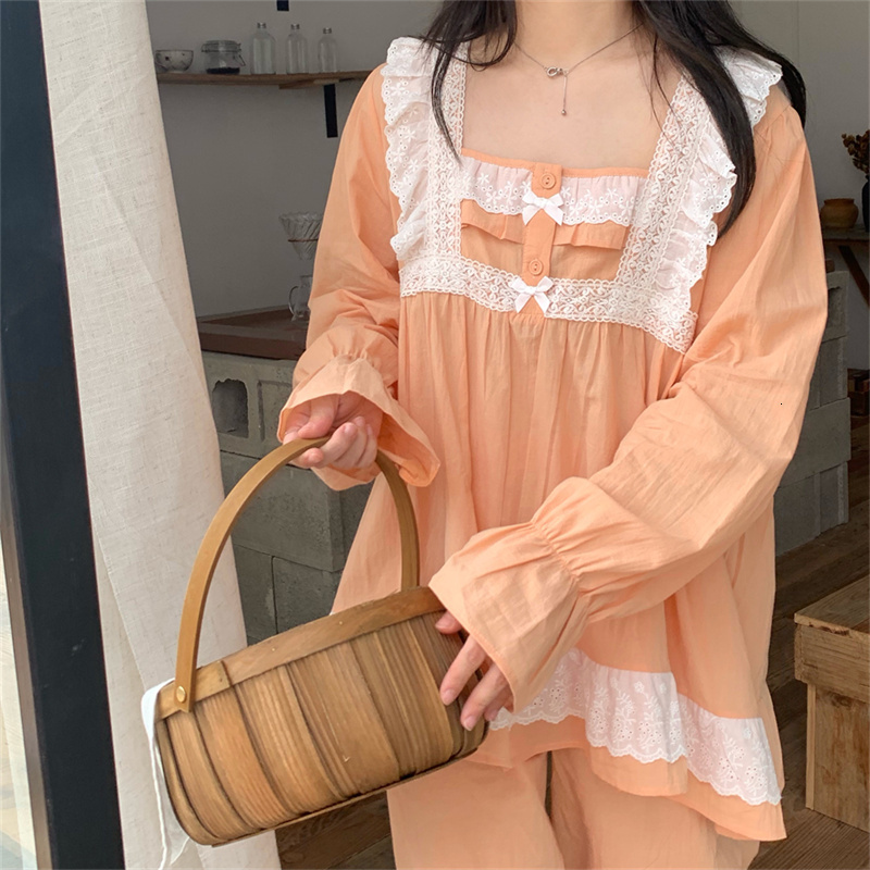 Women's Sleepwear Women's Solid Cotton Sweet Pajamas Lace Square Collar Loose Long-sleeved Pajamas Suit Japanese Kawai Home Clothes Autumn D