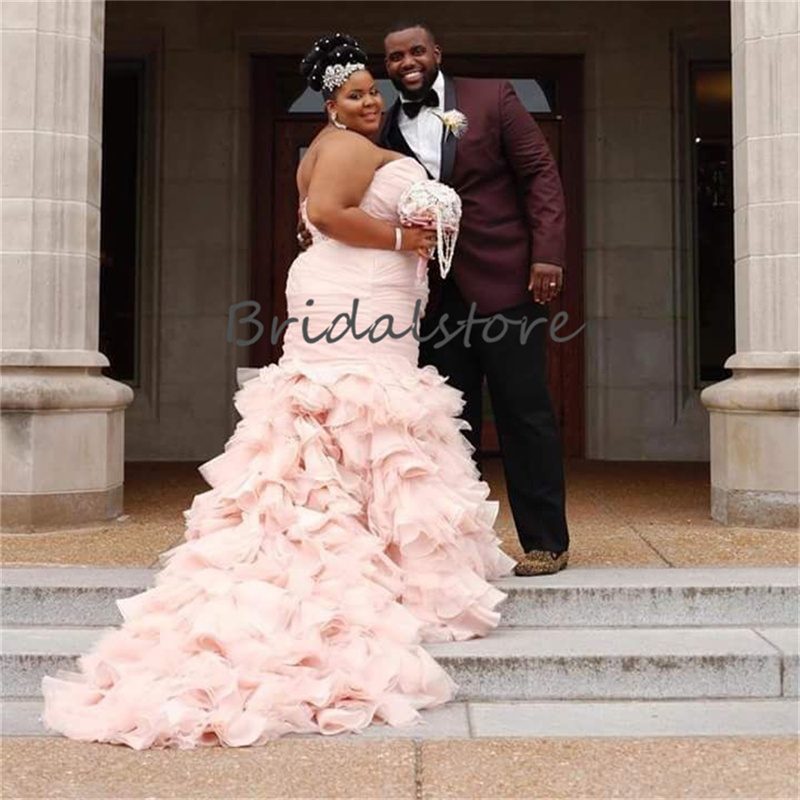 Big Size Pink Mermaid Wedding Dress 2023 Cascading Ruffles Bottom Plus Size Country Bridal Gowns Luxury Vestido De Noivas Women Pleat abito da sposa r