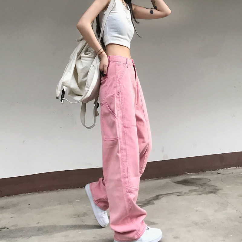 Women's Jeans Pink Jeans for Women Punk Hippie Streetwear Wide Leg Trouser Harajuku Academic Denim Pants Vintage Full Length Streetwear 230303