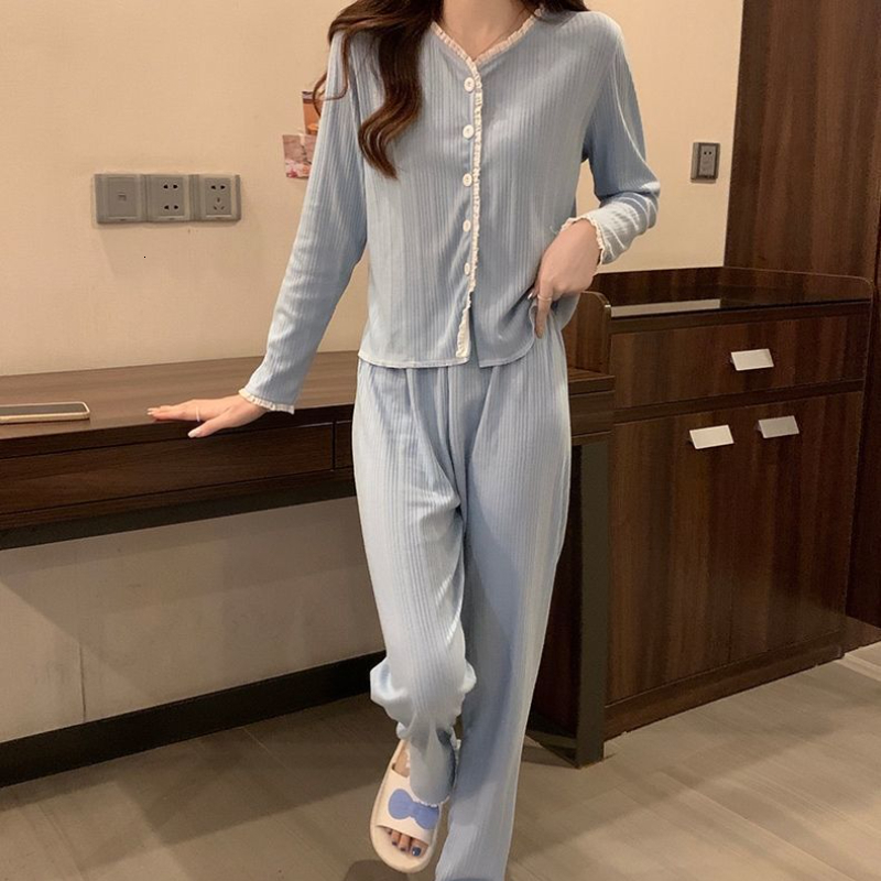 Women's Sleepwear Pajama Sets Women Autumn Daily Sleepwear Home Soft Floral Ins Korean Fashion Sweet Girls Lovely Students O-neck Casual Simple 2
