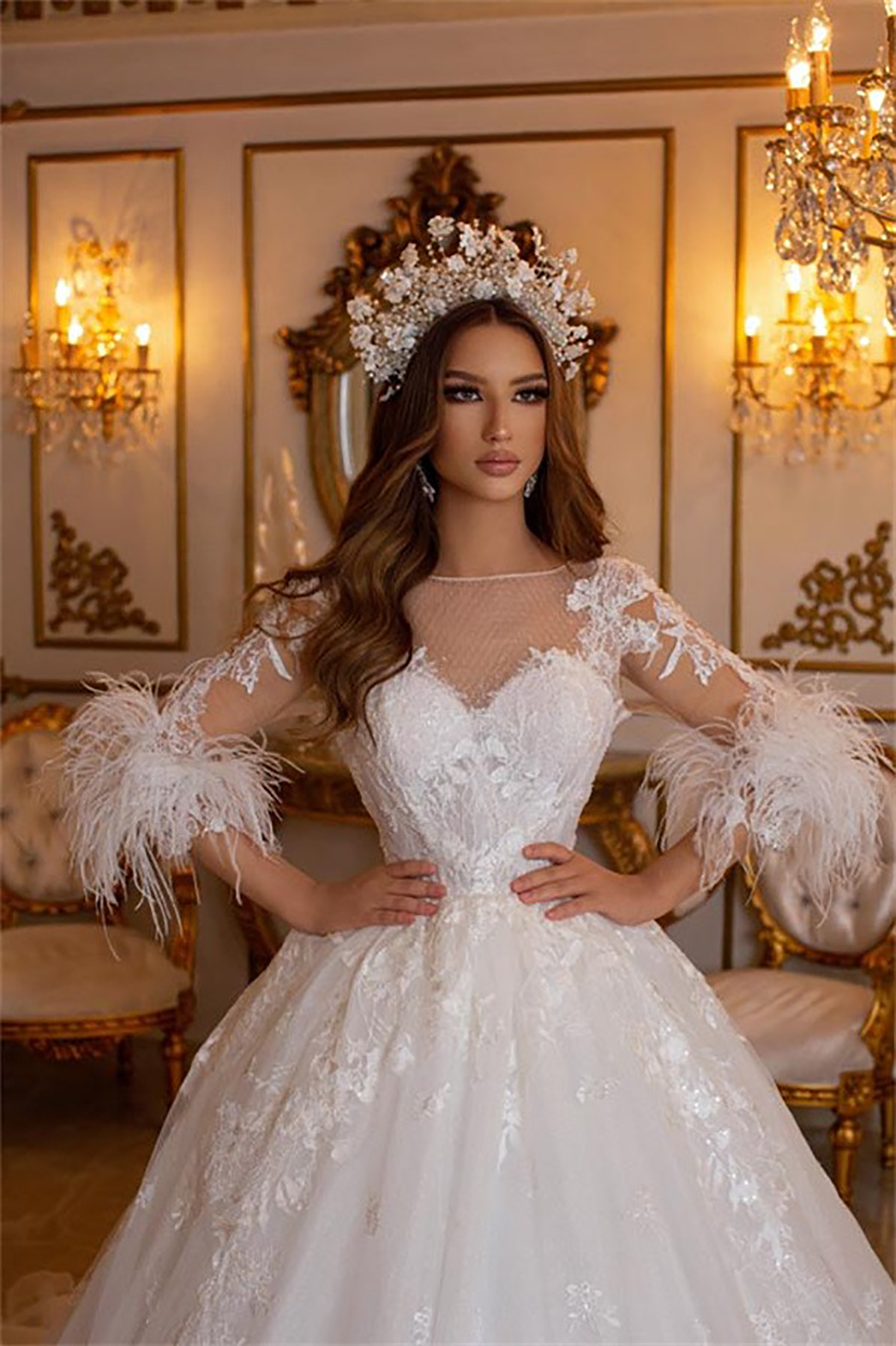 Glamorous Ball Gown Wedding Dresses Sweetheart Three Quarter Sleeves Lace Applicant Feathers Court Gown Sequins Custom Made Bridal Gown Vestidos De No