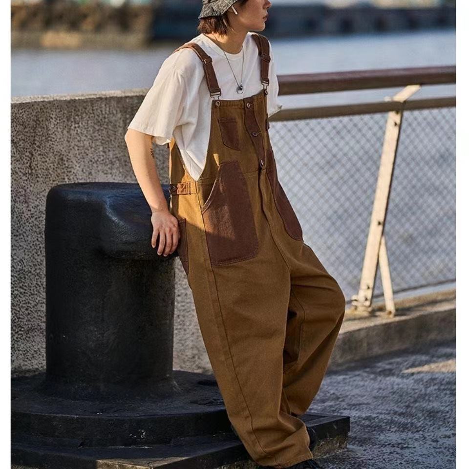 Men's Pants Japanese Retro Overalls Brown Color Casual Couple Loose Straight Trousers Salopettes Romper Jumpsuit 230303