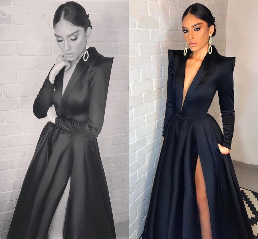 Black Women Formal Evening Dress Side Split V-neck Long Sleeves A-line Satin Prom Party Gowns 2024 Arabic Dubai New Robe De Soiree