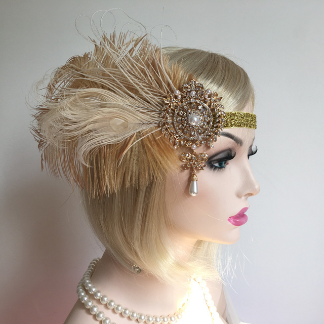 Headbands Women Vintage Feather Headband White Metal Chain 1920s Vintage Gatsby Party Headpiece For Party Carnival Accessories 230302