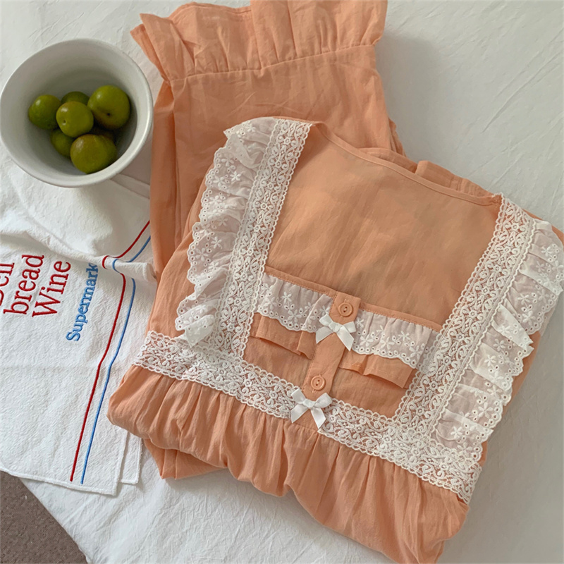 Women's Sleepwear Women's Solid Cotton Sweet Pajamas Lace Square Collar Loose Long-sleeved Pajamas Suit Japanese Kawai Home Clothes Autumn D