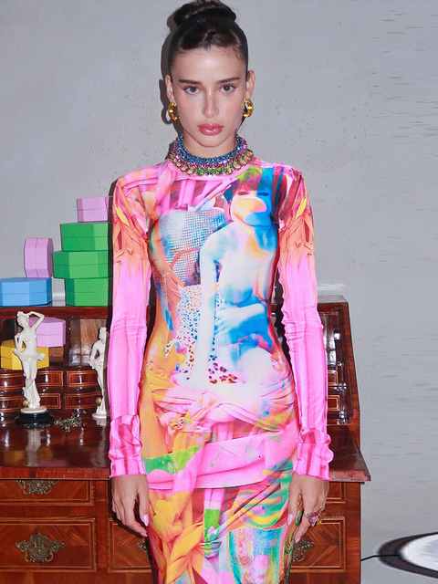 Casual Dresses Hawthaw Women Fashion Long Sleeve Bodycon Printed Streetwear Dress Fall Clothing Wholesale Items For Business 230303