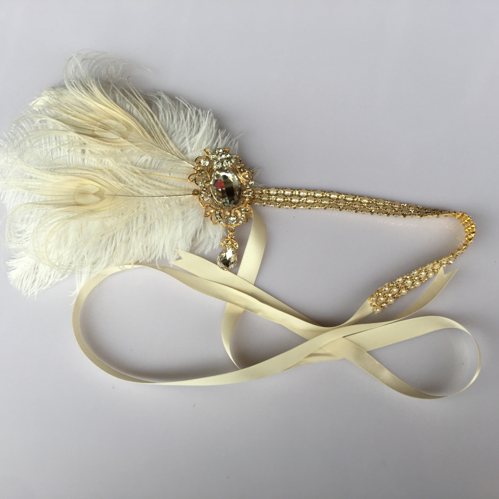 Headbands Women Vintage Feather Headband White Metal Chain 1920s Vintage Gatsby Party Headpiece For Party Carnival Accessories 230302