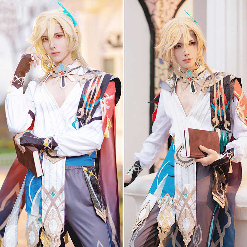 Anime Costumes Kaveh Genshin Cosplay Game Genshin Impact Kaveh Cosplay Come Wig Uniform Earrings Halloween Party Comes for Men Women Z0301