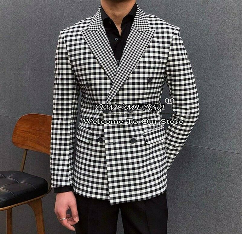 Men's Suits Blazers Vintage Plaid Suits Men Checkered Groom Tuxedos Male Fashion Clothes Slim Fit Double Breasted Blazers Set Prom Party Dress 23
