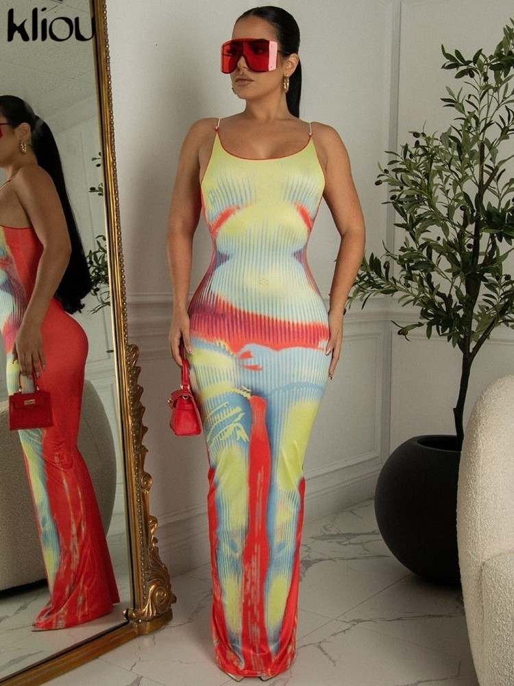 Casual Dresses Kliou Aesthetic Print Maxi Dres Y2K Summer Spaghetti Strap Backless Bodycon Party Club Hipster Female Outfits 230303