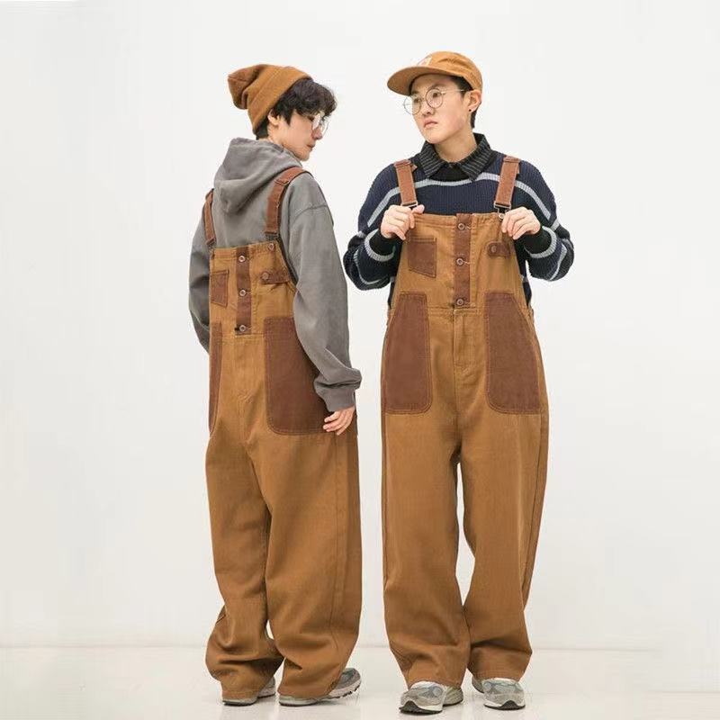 Men's Pants Japanese Retro Overalls Brown Color Casual Couple Loose Straight Trousers Salopettes Romper Jumpsuit 230303