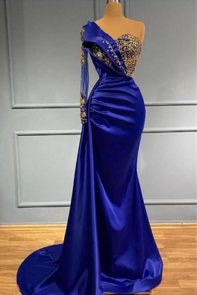 Royal Blue Evening Dresses With Gold Beads Crystals Vintage One Shoulder Long Sleeve Pleats Satin Long Prom Gowns Arabic Vestido