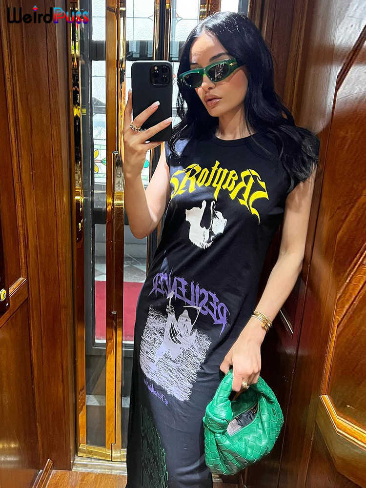 Casual Dresses Weird Puss Letter Print Tank Dress Women Casual Sleeveless Skinny Stretchy Maxi Bodycon 2022 Summer Stylish Streetwear Dresses Z0216