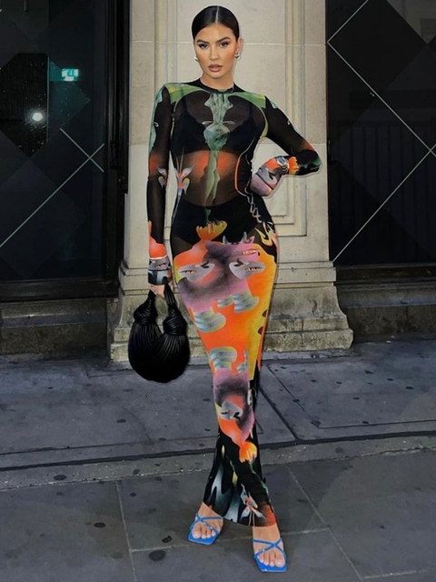 Casual Dresses Hugcitar Print Long Sleeves Graphic Patchwork Sexy Slim Maxi Prom Dress Fall Women Streetwear Party Y2K Clothes 230303