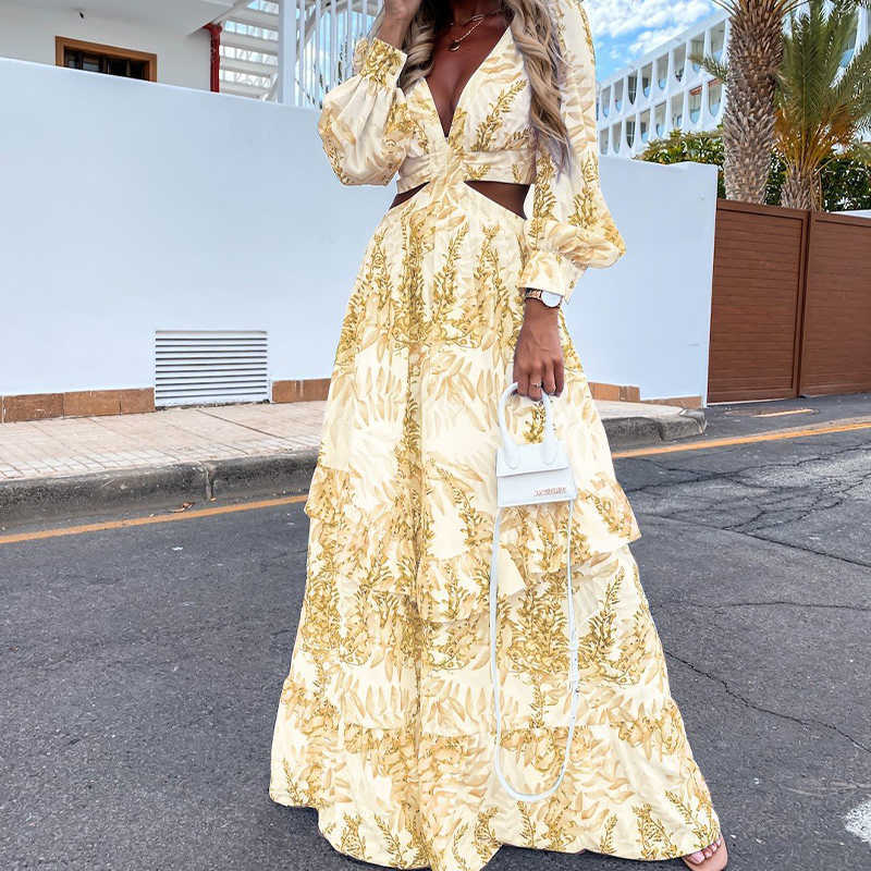Casual Dresses Women Tunic Beach Cover Up Dress 2023 Summer VNeck Backless Hollow Out Lantern Sleeve Long Dresses Female Club Party Maxi Dress Z0216
