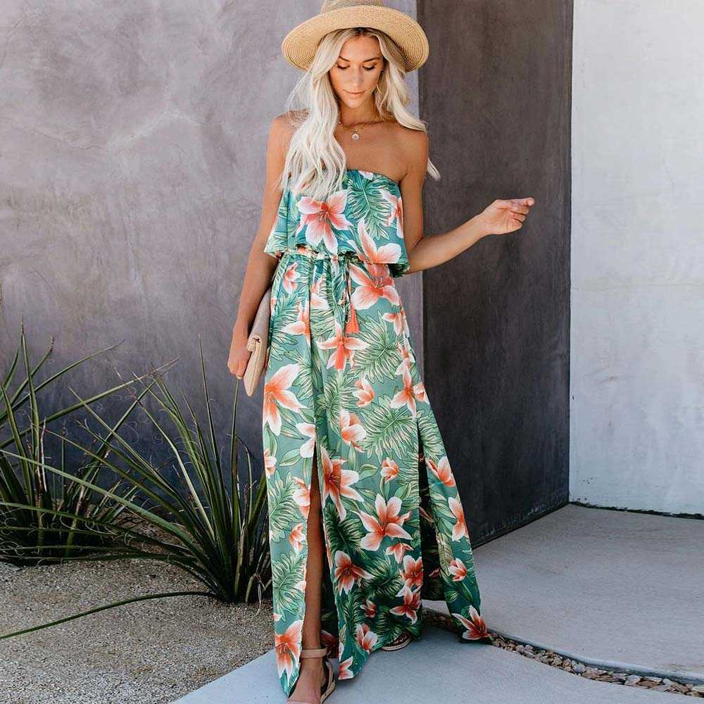 Casual Dresses WildPinky 2022 Tropical Rainforest Printed Dress For Women Off Shoulder Split Sleeveless Summer Hoilday Beach Casual Sundress Z0216