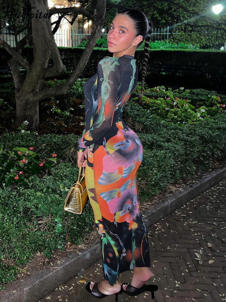 Casual Dresses Hugcitar Print Long Sleeves Graphic Patchwork Sexy Slim Maxi Prom Dress Fall Women Streetwear Party Y2K Clothes 230303