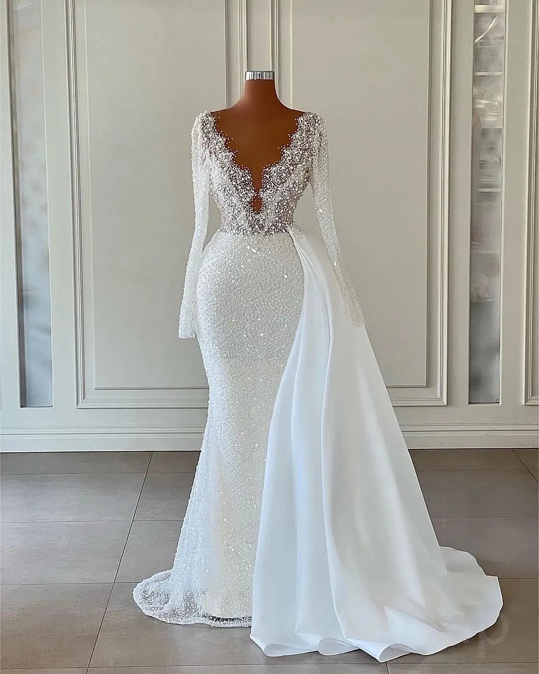 Arabic Aso Ebi Sequined Lace Mermaid Wedding Dress Sexy V Neck Long Sleeves Beaded Pearls Urious Bridal Gowns Dresses