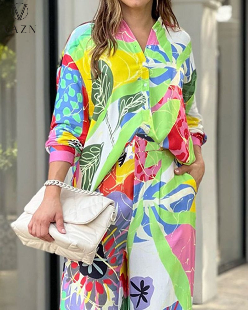 Womens Two Piece Pants VAZN Autumn Highend Shirt Set Daily Chiffon Young Vintage Print Full Sleeve Long Wide Leg Slim Women 2 230302