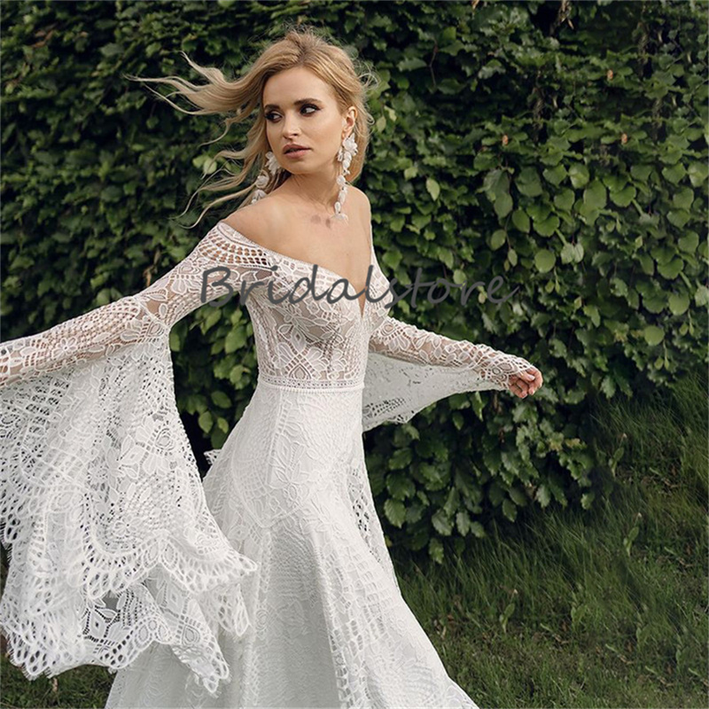 Fairy Bohemian Lace Wedding Dress 2023 Summer Garden Boho Bride Dresses Flare Long Sleeve Sexy Backless Crochet Bridal Gown Chic vestido de noiva robe