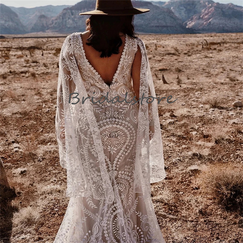 Chic Lace Bohemian Wedding Dress 2023 Flare Long Sleeve Backless Hippie Beach Sweep Train Bride Dresses V Neck Country Vestido De Noivas abito da spos
