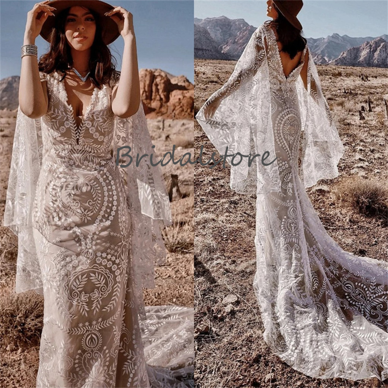 Chic Lace Bohemian Wedding Dress 2023 Flare Long Sleeve Backless Hippie Beach Sweep Train Bride Dresses V Neck Country Vestido De Noivas abito da spos