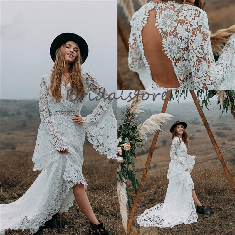 Frence Lace Bohemian Wedding Dress 2023 Mermaid Long Sleeve Boho Robe De Mariee Sexy Open Back Greek Country Civil Bride Dresses Fall White Beach Brid