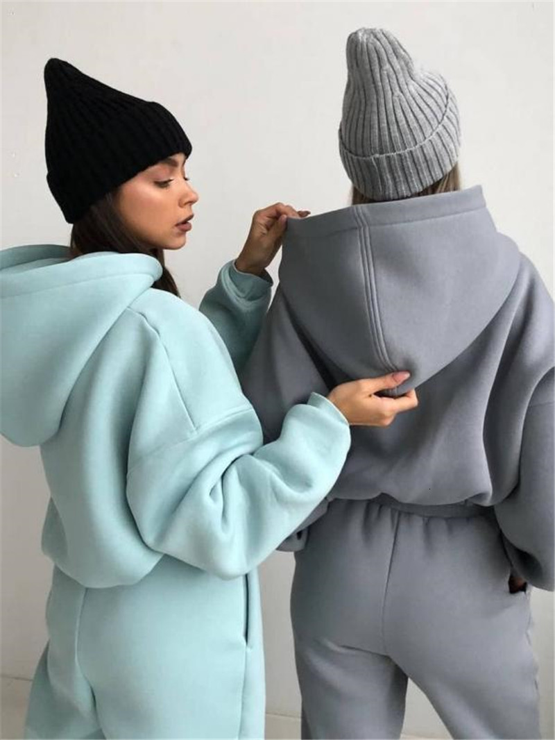 Womens Two Piece Pants Hoodies Suit Winter Spring Solid Casual Tracksuit Women Fleece 2 Pieces Set Sports Sweatshirts Pullover Sweatpants Suits Female