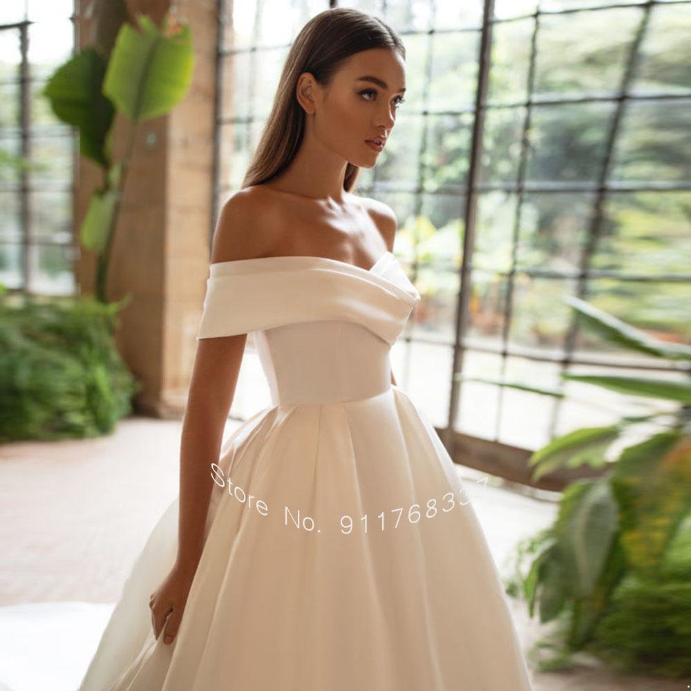 De Vestidos Novia Satin Ball Gown Wedding Dress Off The Shoulder Simple Robe Mariage V Neck Sukienka Na Custom Made
