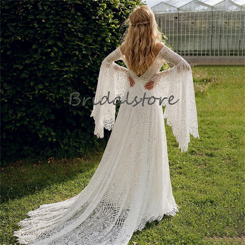 Fairy Bohemian Lace Wedding Dress 2023 Summer Garden Boho Bride Dresses Flare Long Sleeve Sexy Backless Crochet Bridal Gown Chic vestido de noiva robe