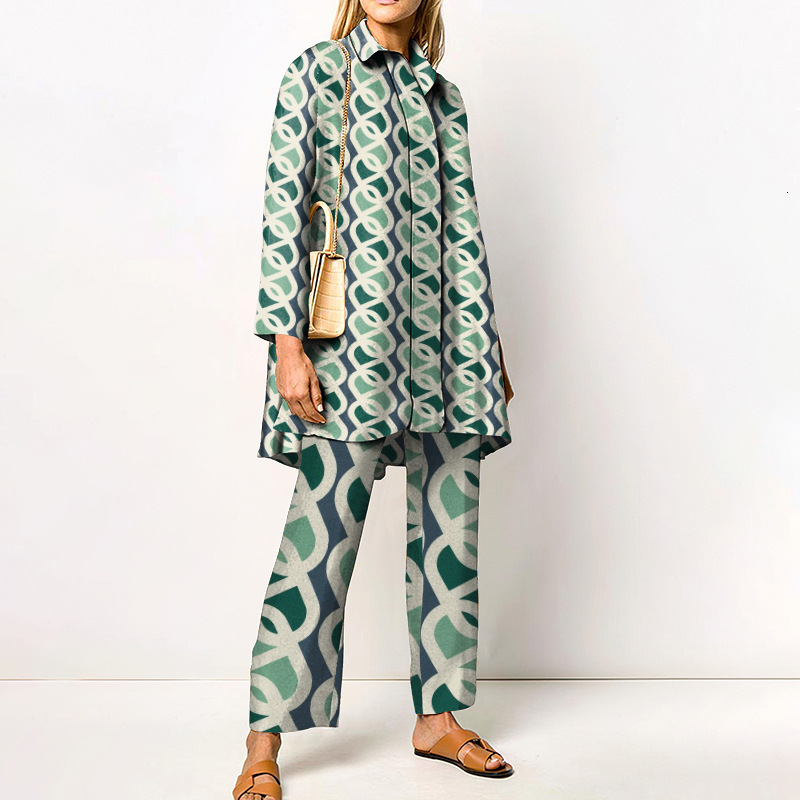 Womens Two Piece Pants Autumn Casual Women Sets Geometric Printed Long Sleeves Turndown Collar Shirts Straight Suits Elegant Outfit 230302