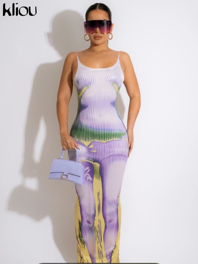 Casual Dresses Kliou Aesthetic Print Maxi Dres Y2K Summer Spaghetti Strap Backless Bodycon Party Club Hipster Female Outfits 230303