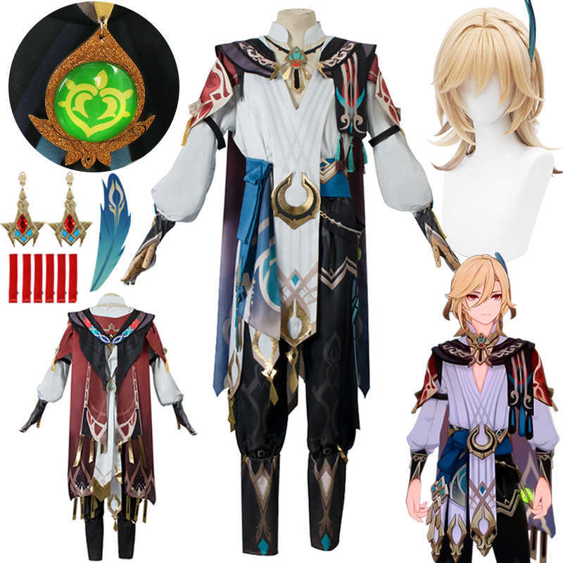 Anime Costumes Kaveh Genshin Cosplay Game Genshin Impact Kaveh Cosplay Come Wig Uniform Earrings Halloween Party Comes for Men Women Z0301