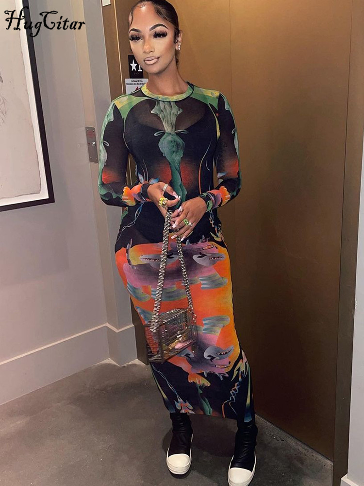 Casual Dresses Hugcitar Print Long Sleeves Graphic Patchwork Sexy Slim Maxi Prom Dress Fall Women Streetwear Party Y2K Clothes 230303