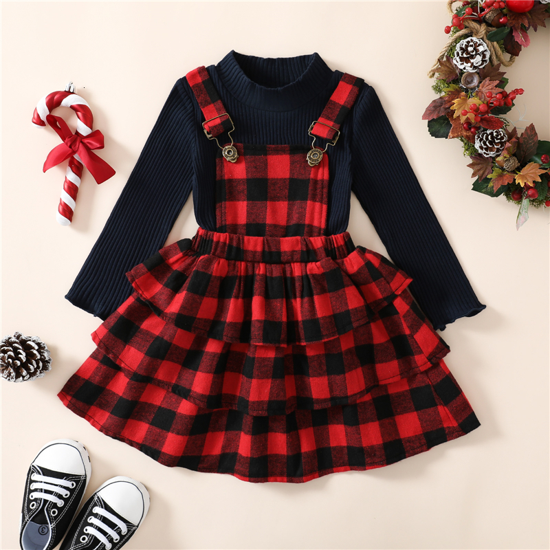 Clothing Sets Christmas Toddler Girls Clothes Sets Fall Winter Baby Kids Children Clothing Suits Warm Solid Sweater Plaid Suspender Dress 230303