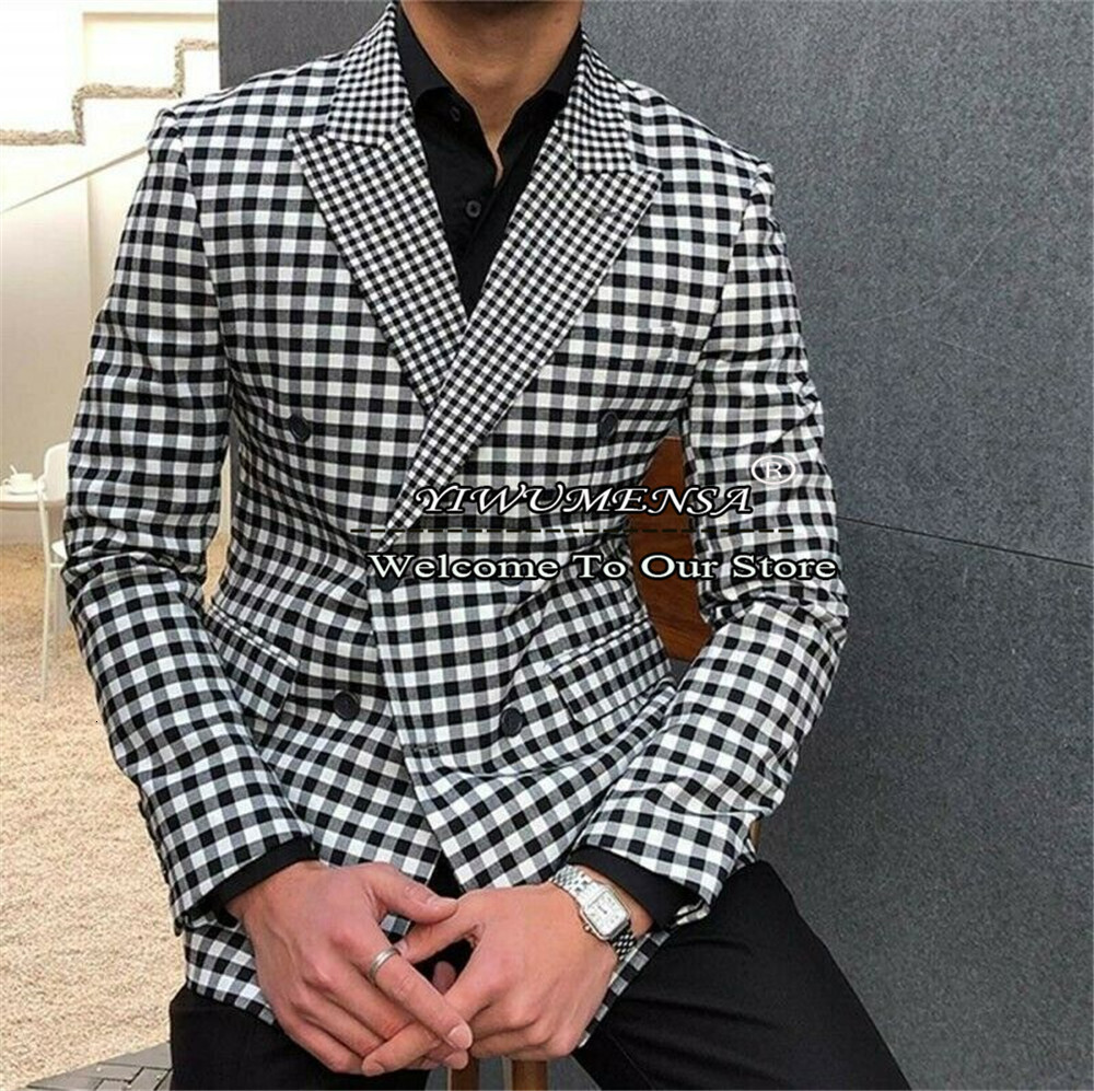 Men's Suits Blazers Vintage Plaid Suits Men Checkered Groom Tuxedos Male Fashion Clothes Slim Fit Double Breasted Blazers Set Prom Party Dress 23