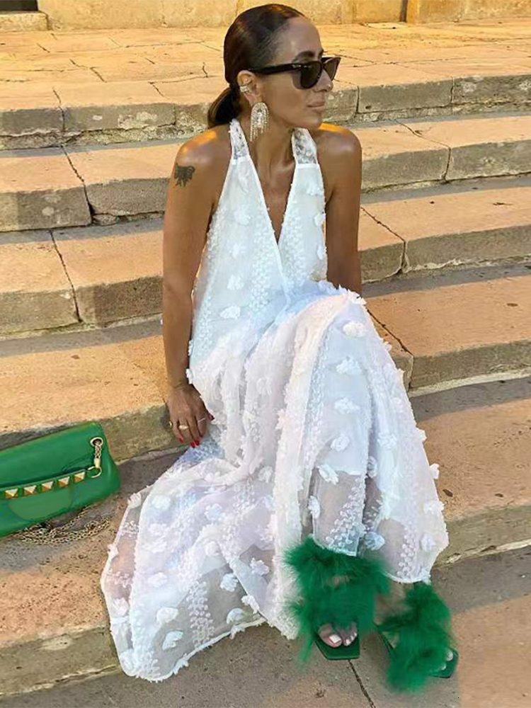 Casual Dresses Sleeveless Halter Dres V Neck Backless Beach Long Robe Lace Up Floral Holiday Sundress Female Streamer Party 230303