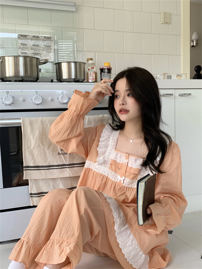 Women's Sleepwear Women's Solid Cotton Sweet Pajamas Lace Square Collar Loose Long-sleeved Pajamas Suit Japanese Kawai Home Clothes Autumn D