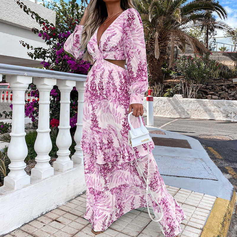 Casual Dresses Women Tunic Beach Cover Up Dress 2023 Summer VNeck Backless Hollow Out Lantern Sleeve Long Dresses Female Club Party Maxi Dress Z0216