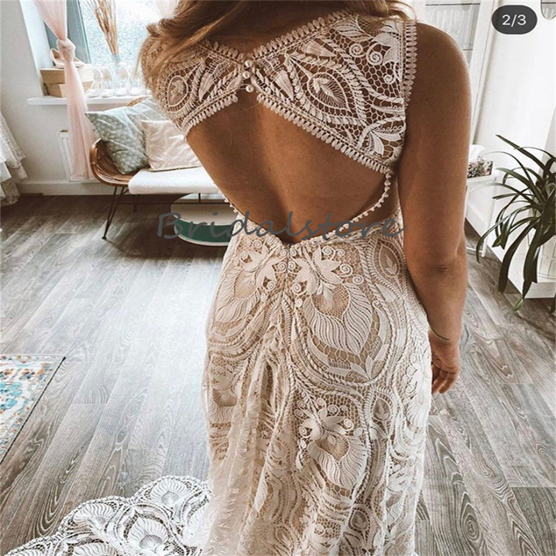Crochet Cotton Lace Bohemian Wedding Dress 2023 Chic Rustic Country Bridal Dresses Sexy Open Back Sheath Sleeveless Bride Gown