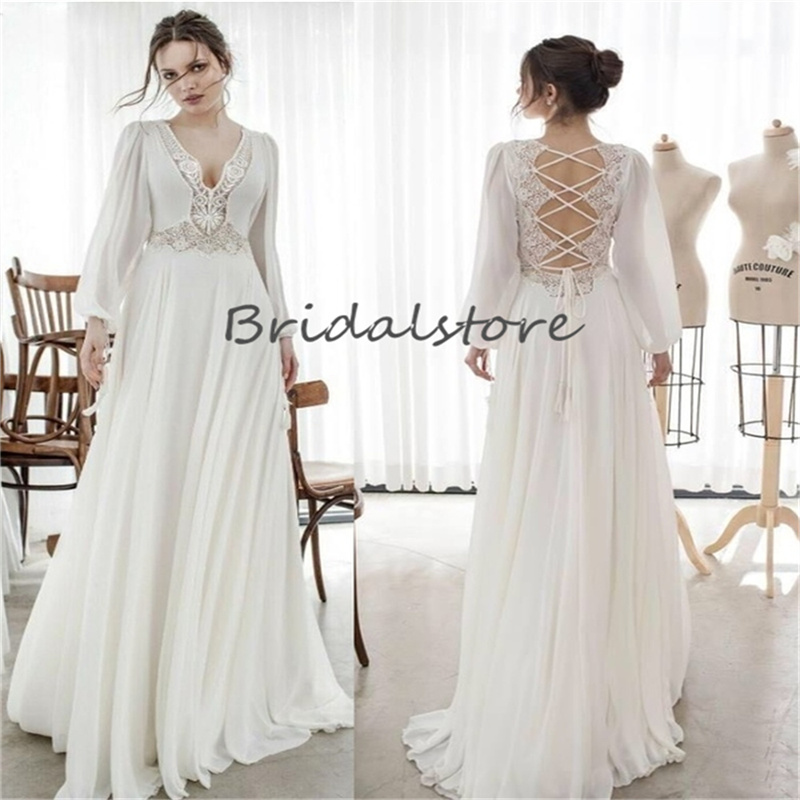White Chiffon Boho Wedding Dress Puff Sleeve Cross Backless Lace Civil Bride Dresses Summer Beach Country Bridal Gowns Bohemian Floor Length Simple ve