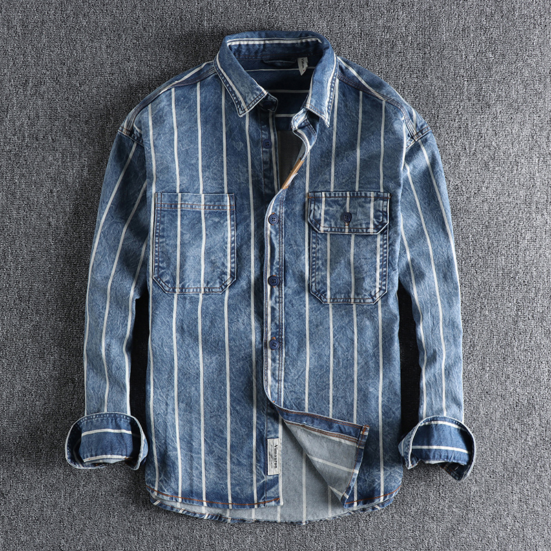 Mens Casual Shirts Autumn custom woven striped washed used denim shirt mens work style American retro trend youth 230303
